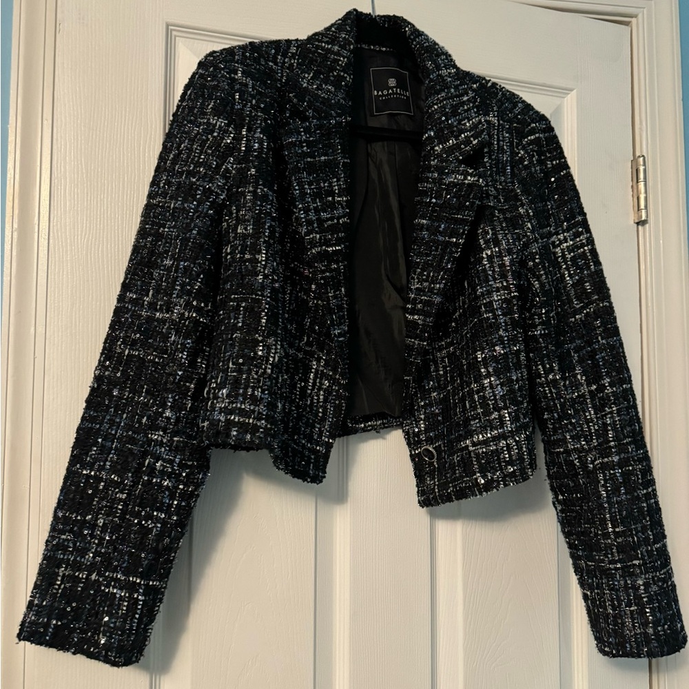 Bagatelle Cute Wool & Sequin Black Blazer W/Blue Accents